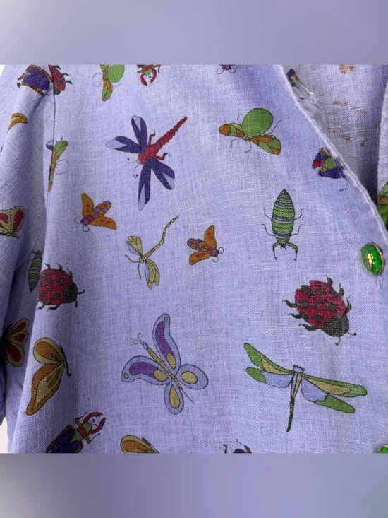 Vintage Purple Linen Blend Bug Patterned Button Up - Picture 5 of 13